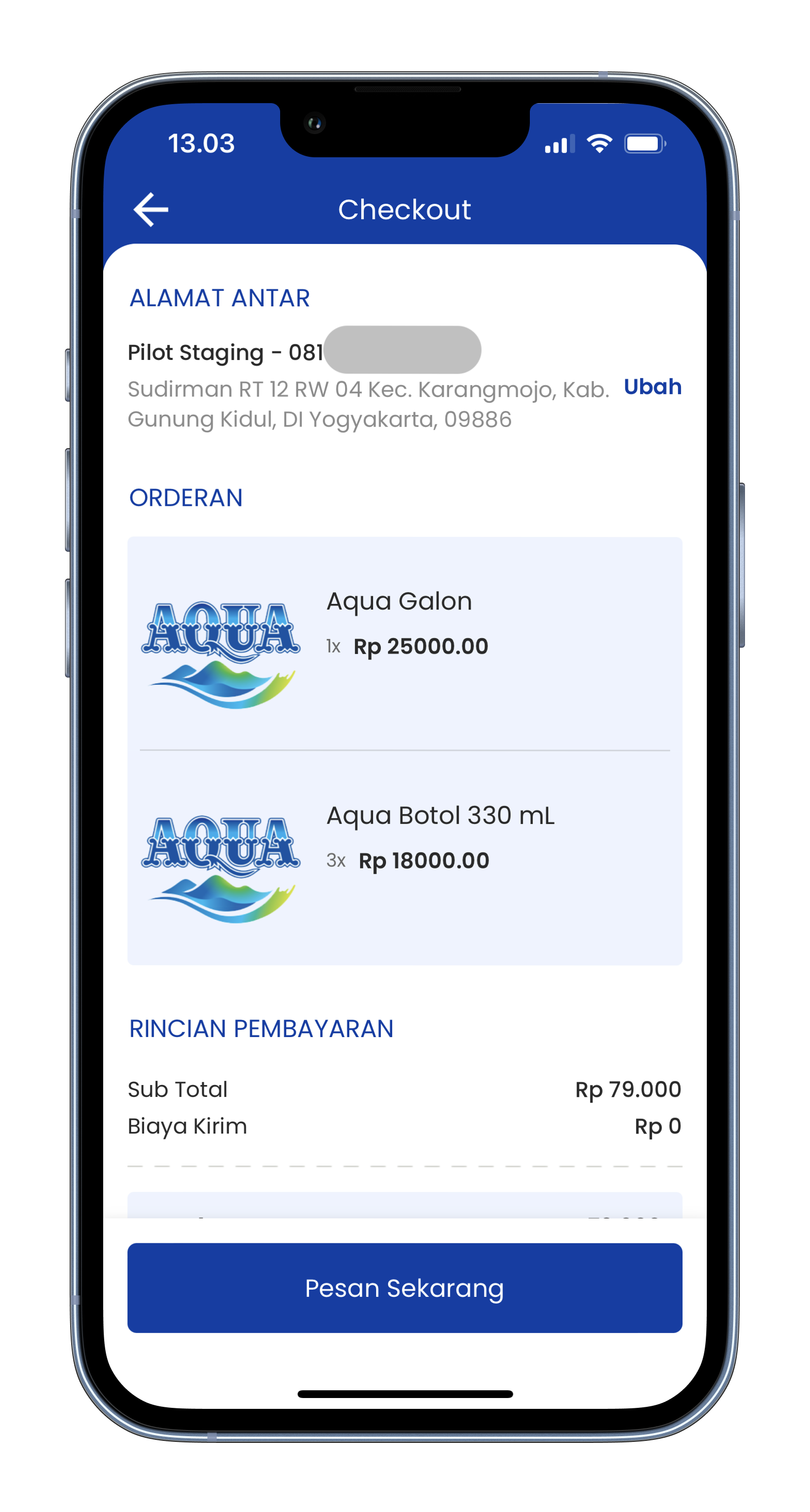 Mitra AQUA delivery screen