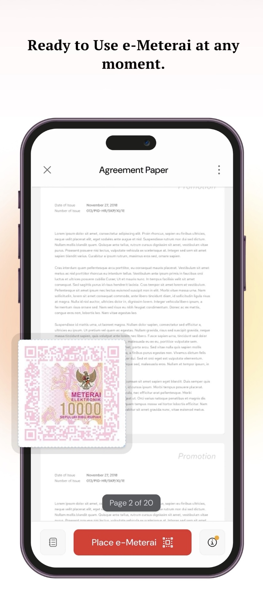 Privy document signing screen with electronic stamp placement